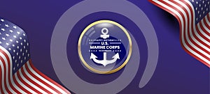 US marine corps birthday card background design with waving US flag and copy space. Suitable to use on U.s. marine corps birthday