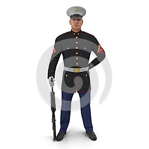 US Marine Corps Soldier in Parade Uniform with M16 Isolated on White Background 3D Illustration