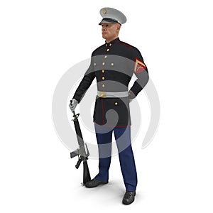 US Marine Corps Soldier in Parade Uniform with M16 Isolated on White Background 3D Illustration