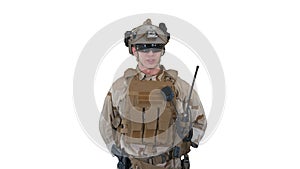 US Military Soldier in Uniform Reports on white background.