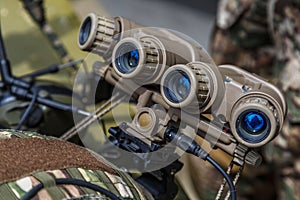 Us military tactical helmet Velcro.Night vision device attached to the helmet. A special device for observing in the dark.