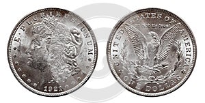 US Morgan Silver Dollar coin minted 1921, isolated on white