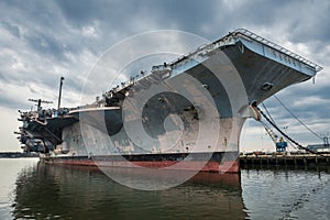 US Navi aircraft carrier warship in the port