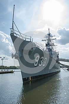 US Navy Ship sits anchored in the Anacostia River Navy Yard, Washington, DC