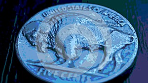 US nickel. Coin 5 cents close-up. Blue tinted pasteurization illustration with American bison. Buffalo nickel. News about USA