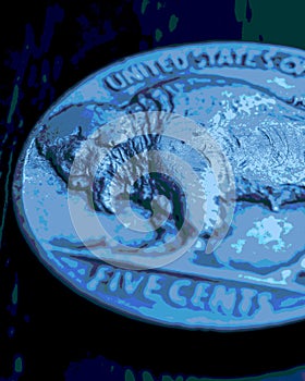 US nickel. Coin 5 cents close-up. Blue tinted pasteurization stories with American bison. Buffalo nickel. News about USA economy