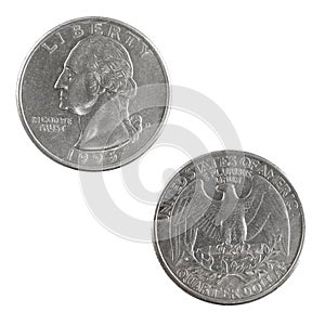 US nickel coin (Twenty-Five-Cent Coin) on white background.