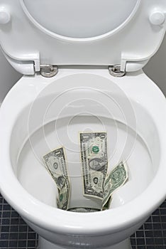 US one dollar bills flushed down a toilet, wasting money concept