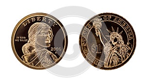 US one dollar coin - Sacagawea and Statue of Liberty photo