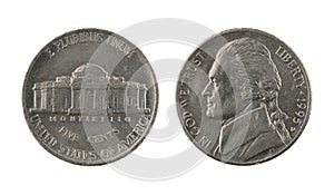 US One Nickel Coin Isolated on White