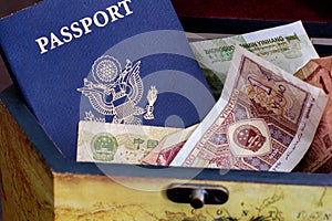 US Passport with chinese currency in wood box