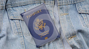 US passport in the jeans. American Citizenship day. National holiday of America. USA flag. 3d illustration