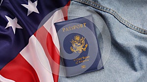 US passport in the jeans. American Citizenship day. National holiday of America. USA flag. 3d illustration