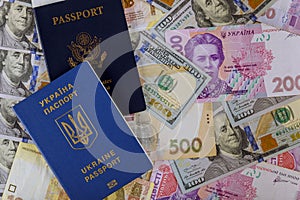 US Passport and ukrainian biometric passpor of US dollar money and ukrainian money hryvnia of dual citizens