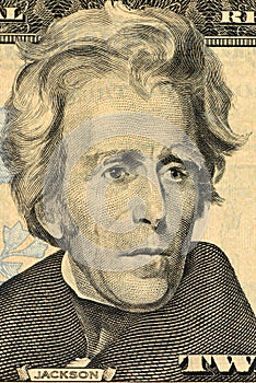 US President Andrew Jackson face on twenty dollar bill macro , united states money closeup.