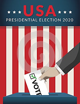 US Presidential election 2020 campaign concept. hand putting voting paper in the ballot box with american flag on background.