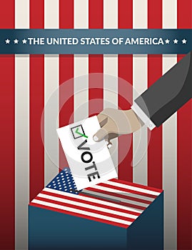 US Presidential election 2020 campaign poster. hand putting voting ballot paper card in the ballot box with american flag pattern