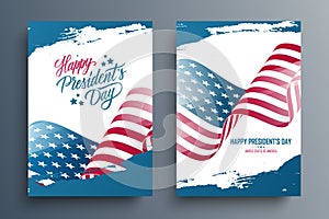 US Presidents Day. United States President\'s Day celebration posters with waving American national flag and hand lettering.