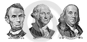 US presidents George Washington, Benjamin Franklin, Abraham Lincoln , portraits from US dollar bills isolated, United States money photo