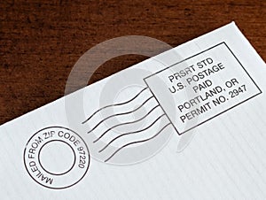 US presort mailing import or indicia on corner of an envelope