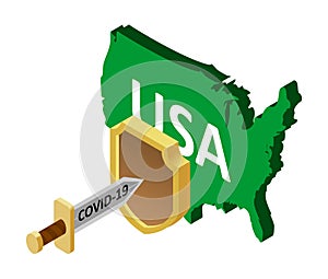 US protection against coronavirus covid-19. A coronavirus in the form of a sword attacks a US country protected by a shield.
