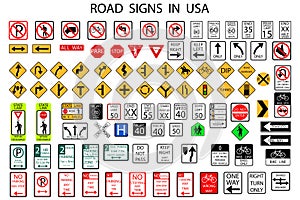 Us road signs in american style. Road trip. Vector illustration. Stock image.