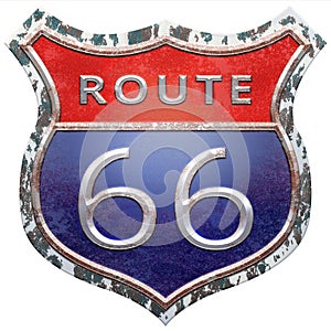 US route 66 sign, Route sixty six road shield sign with route number and textretro style. 3d render