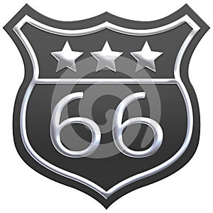 US route 66 sign, Route sixty six road shield sign with route number and textretro style. 3d render