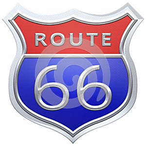 US route 66 sign, Route sixty six road shield sign with route number and textretro style. 3d render