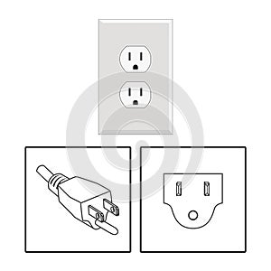 US socket and plug. Icon set. Three pin socket sheme isolated vector graphic illustration. simple diagram electrical appliance