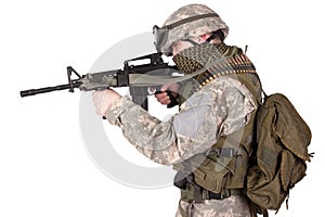 US soldier with hand gun on white