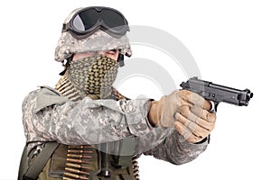 US soldier with m92 handgun on white background