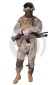 US soldier with rifle on white