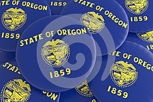 US State Buttons: Pile of Oregon Flag Badges 3d illustration