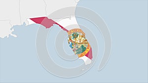 US State Florida map highlighted in Florida flag colors and pin of country capital Tallahassee