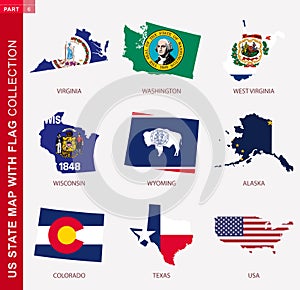 US State Maps with flag collection, nine USA map contour with flag