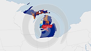 US State Michigan map highlighted in Michigan flag colors and pin of country capital Lansing