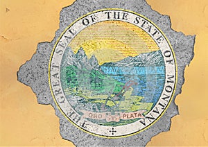 US state Montana seal flag in big concrete cracked hole and broken material
