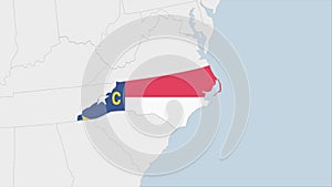 US State North Carolina map highlighted in North Carolina flag colors and pin of country capital Raleigh