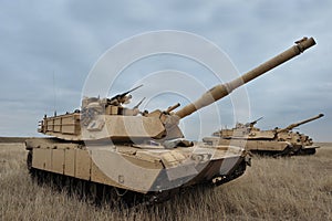 US tank Abrams A1M1 in military polygon in the exercise Platinum Lynx