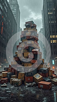 Towering stack of shipping containers in rainy urban environment