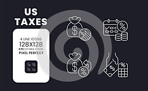 US taxes white linear desktop icons on black