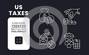 US taxes white linear desktop icons on black