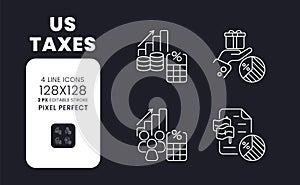 US taxes white linear desktop icons on black