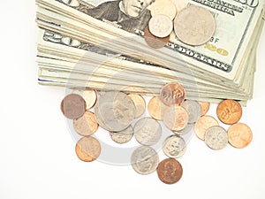 US Twenty Dollar Bills and Coins Close Up