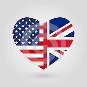 US and UK flags icon in the heart shape. American and British friendship symbol. Vector illustration.