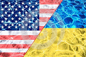 US and Ukrainian flags with a red thin line between them. Cooperation concept