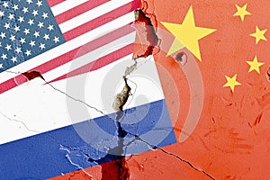 US (United States) VS Russia VS China national flag isolated on broken wall background