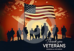 US Veteran& x27;s day poster. Honoring all who served. United States Memorial Day background, patriotic theme, veterans