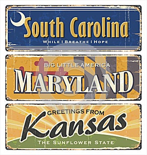 US.Vintage tin sign collection with America state. All States. South Carolina. Maryland. Kansas.